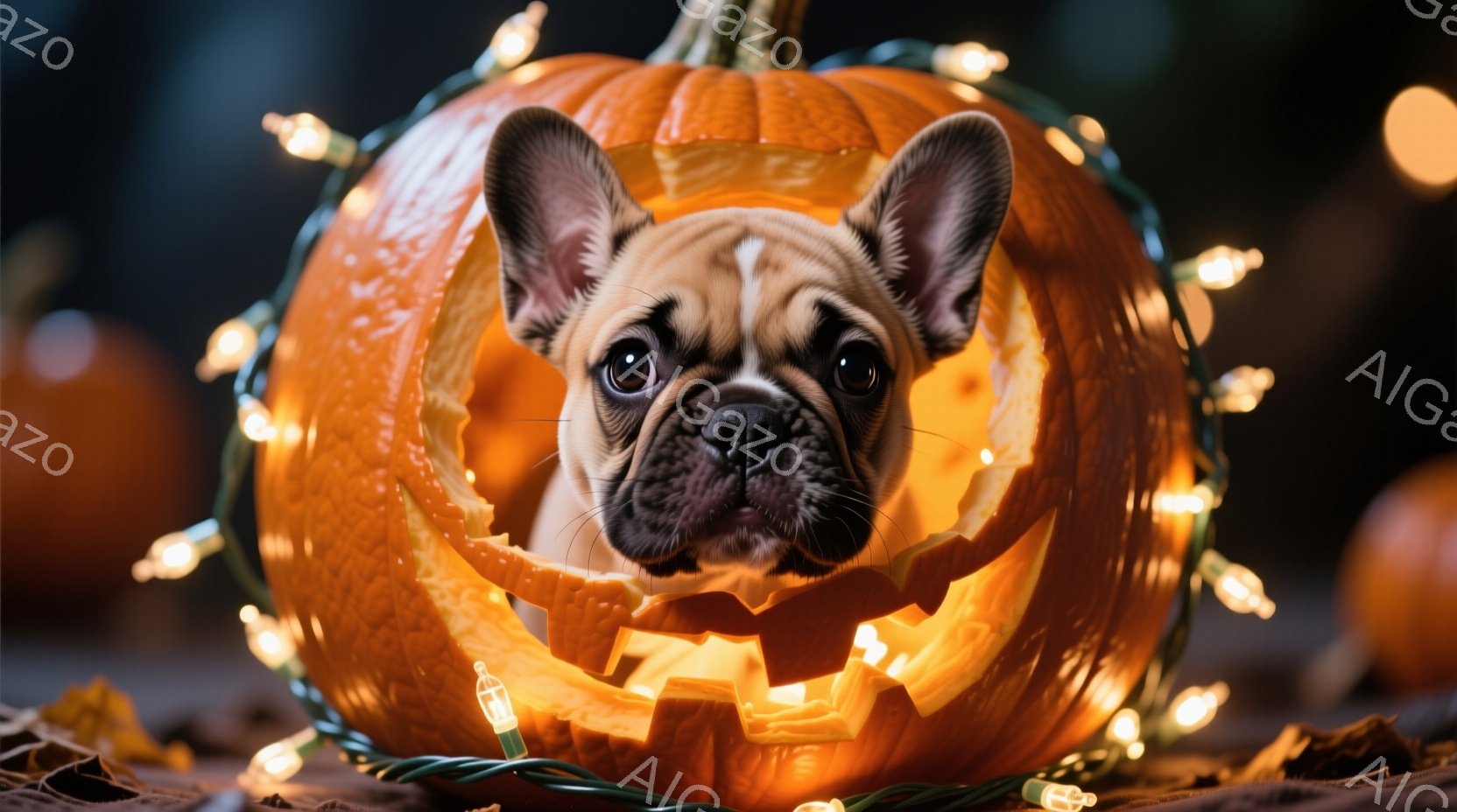 オレンジ色のくり抜かれたカボチャの中に、小さなフレンチブルドッグが顔を出しています。その表情は少し困惑しているようで、大きな耳をピンと立てています。背景にはぼやけたオレンジ色の光が灯り、ハロウィーンら - AI生成フリー素材