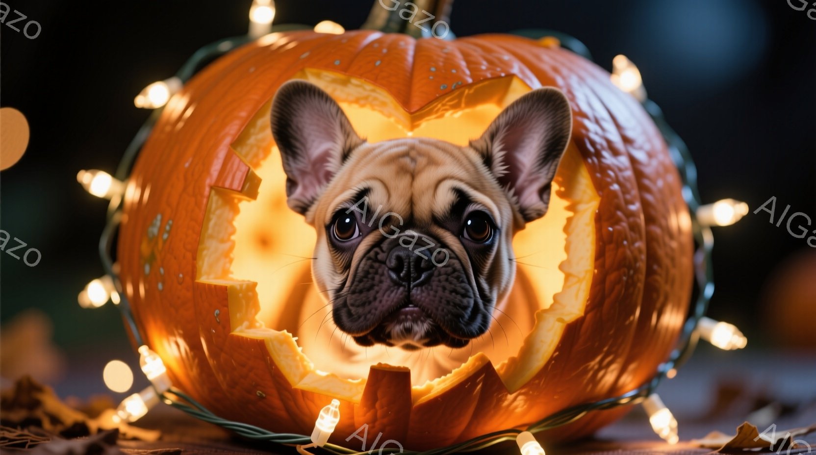 オレンジ色のハロウィンカボチャの中に、愛らしいフレンチブルドッグが顔を出しています。カボチャは内部から暖かく光っており、犬は前足を前に出し、少し困ったような表情で正面を見つめています。背景にはぼやけた - AI生成フリー素材