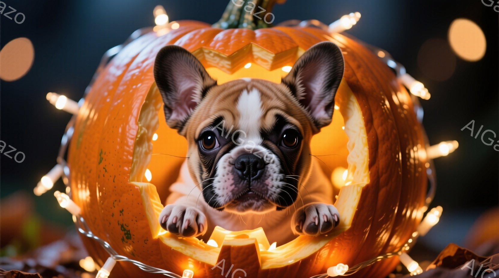 小さなフレンチブルドッグがくり抜かれたハロウィーンのカボチャの中に座っており、好奇心とわずかな驚きが混ざった表情で正面を見つめています。カボチャはオレンジ色の光で照らされ、周囲には温かい色のフェアリー - AI生成フリー素材