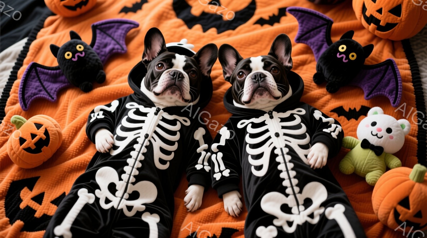 ハロウィーンの背景に、骨格模様の衣装を着たフレンチブルドッグの双子が写っています。双子は仰向けになり、リラックスした表情でカメラを見ており、ハロウィーンの装飾品（カボチャ、コウモリ、おばけ）に囲まれています。全体的に、楽しくてお祝いムードに満ちた雰囲気です。