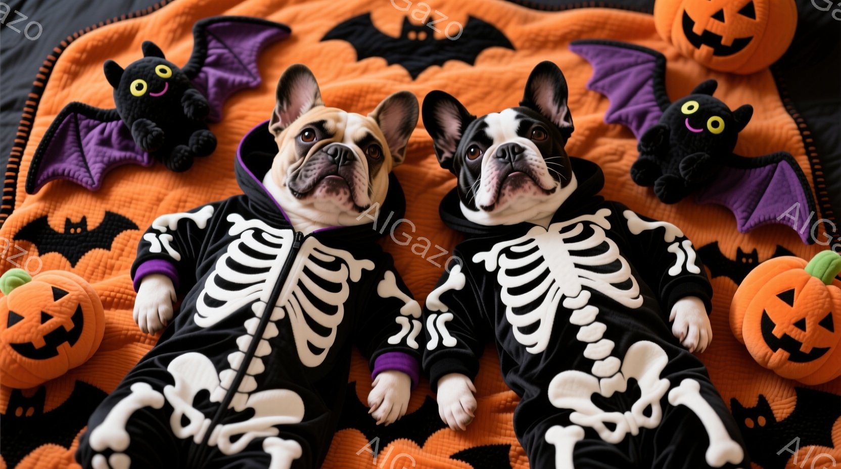 ハロウィーンの背景に、骸骨のコスチュームを着た2匹のフレブルが並んで座っています。コスチュームは黒地に白の骨格柄で、紫色のフードが付いています。背景には、オレンジ色のカボチャと黒いコウモリのぬいぐるみ - AI生成フリー素材