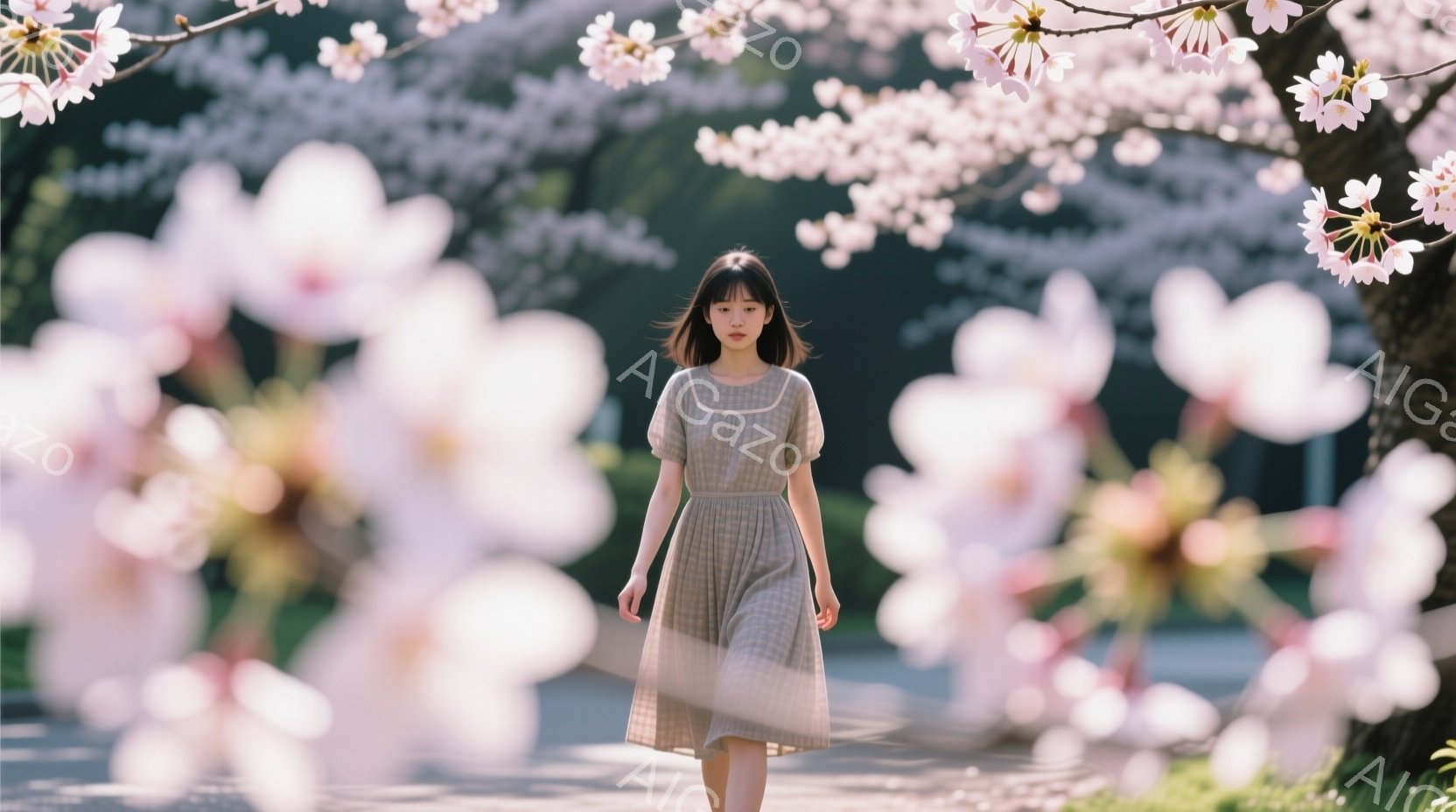 モデルは、薄いグレーのプリーツのワンピースを着て、道を歩いています。彼女は黒髪のショートボブで、やや伏し目がちで穏やかな表情をしています。背景は桜の花びらで満たされ、春の暖かく穏やかな雰囲気を醸し出し - AI生成フリー素材