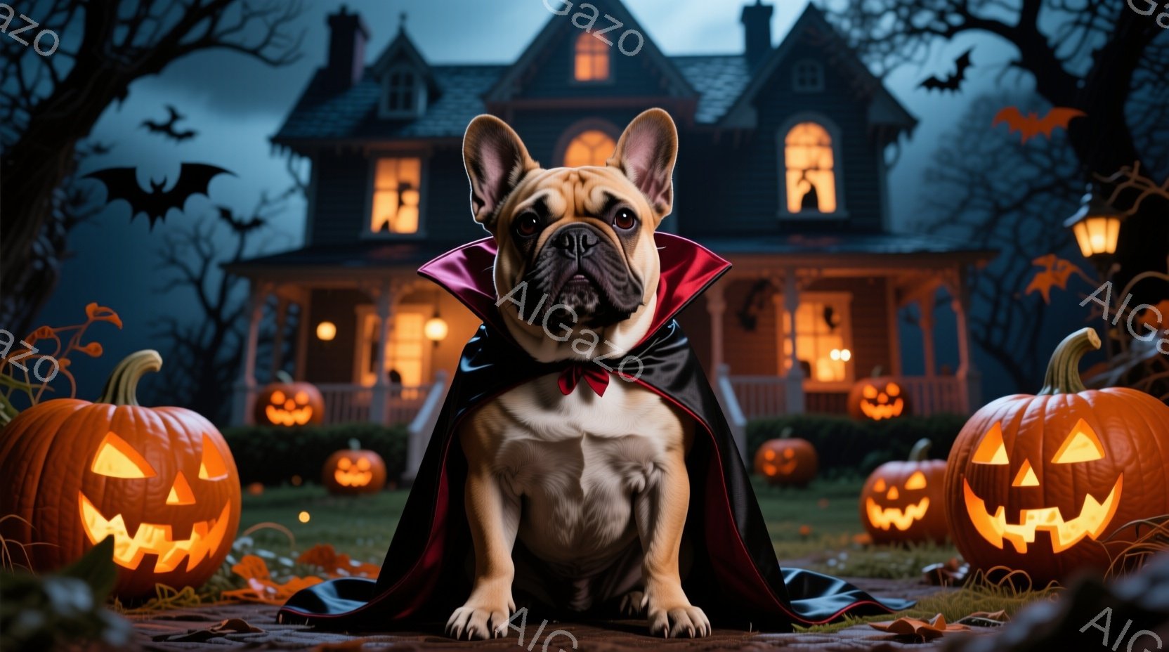 白とクリーム色のフレンチブルドッグが、赤い襟付きの黒いケープを身につけて正面を向いて座っています。背景には、ハロウィーンの装飾が施された不気味な屋敷があり、光るジャック・オー・ランタンが並び、暗い夜空 - AI生成フリー素材