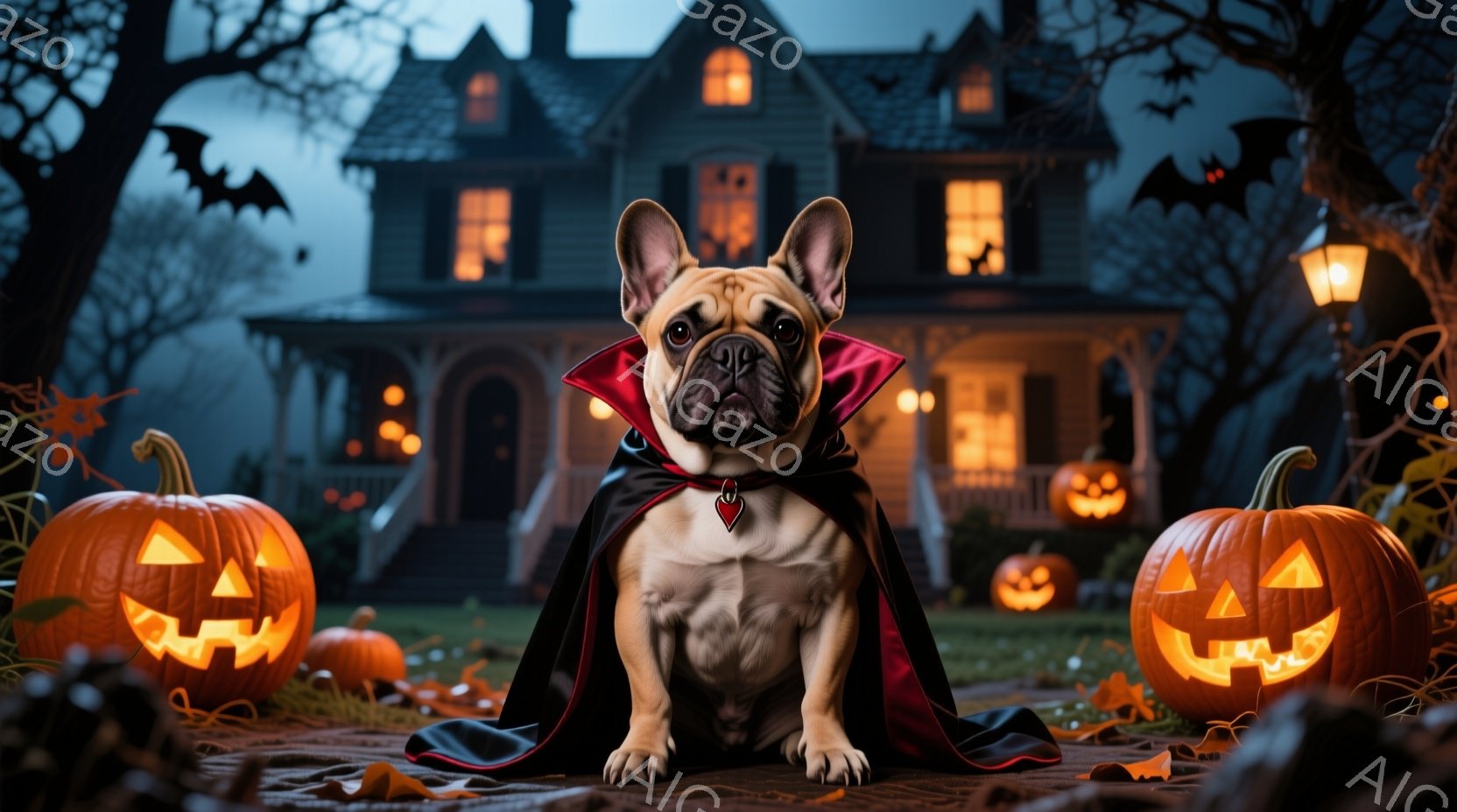 クリーム色のフレンチブルドッグが、ハロウィーン用の黒いマントと襟付きの衣装を着て、正面をまっすぐ見て座っています。背景には、ハロウィーンの飾り付けがされた家と、彫刻が施されたカボチャがいくつか配置され - AI生成フリー素材