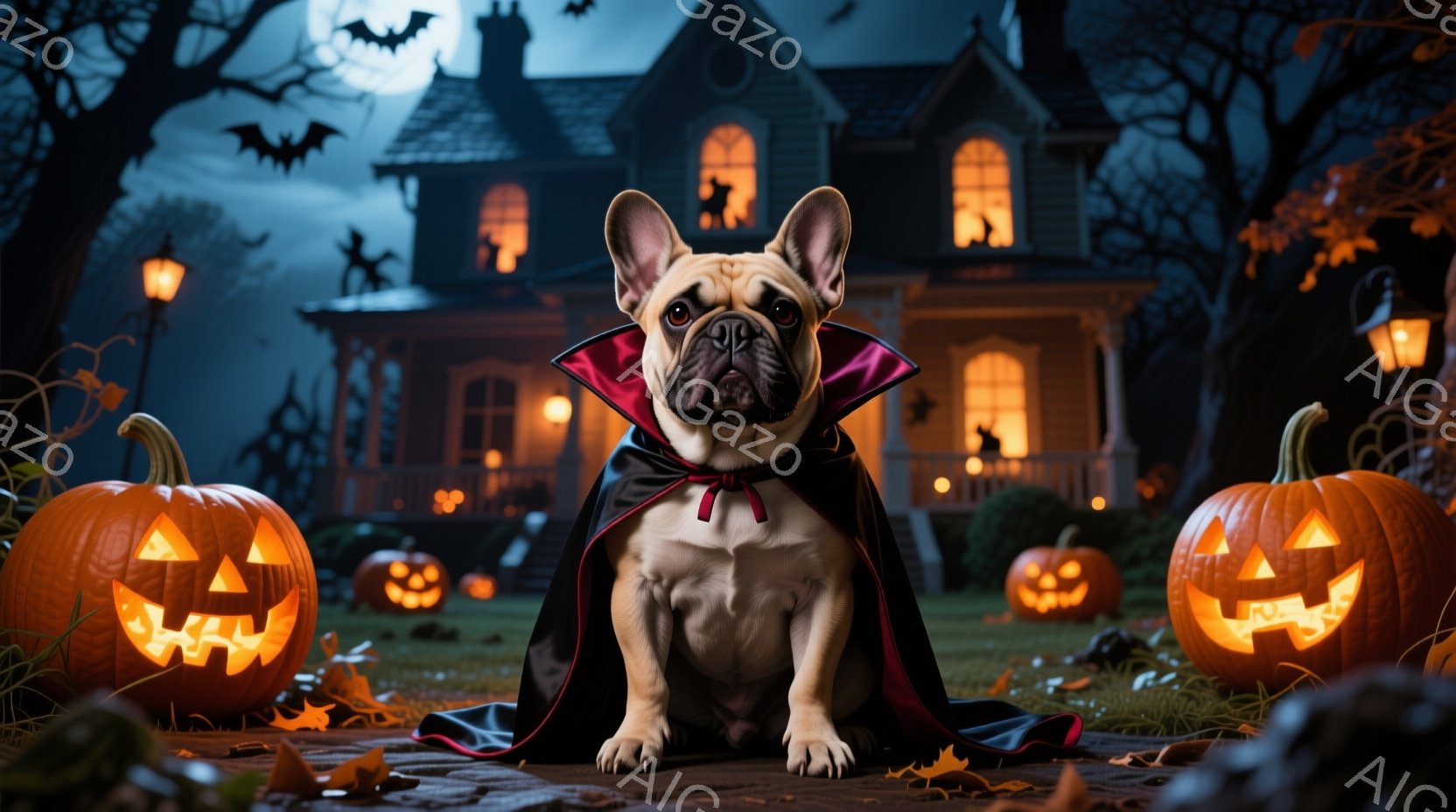 ベージュ色のフレンチブルドッグが、黒いマントを羽織って座っています。背景にはハロウィーンの飾り付けがされた屋敷と、浮かぶコウモリ、そしてジャック・オー・ランタンが並べられています。全体的にハロウィーン - AI生成フリー素材