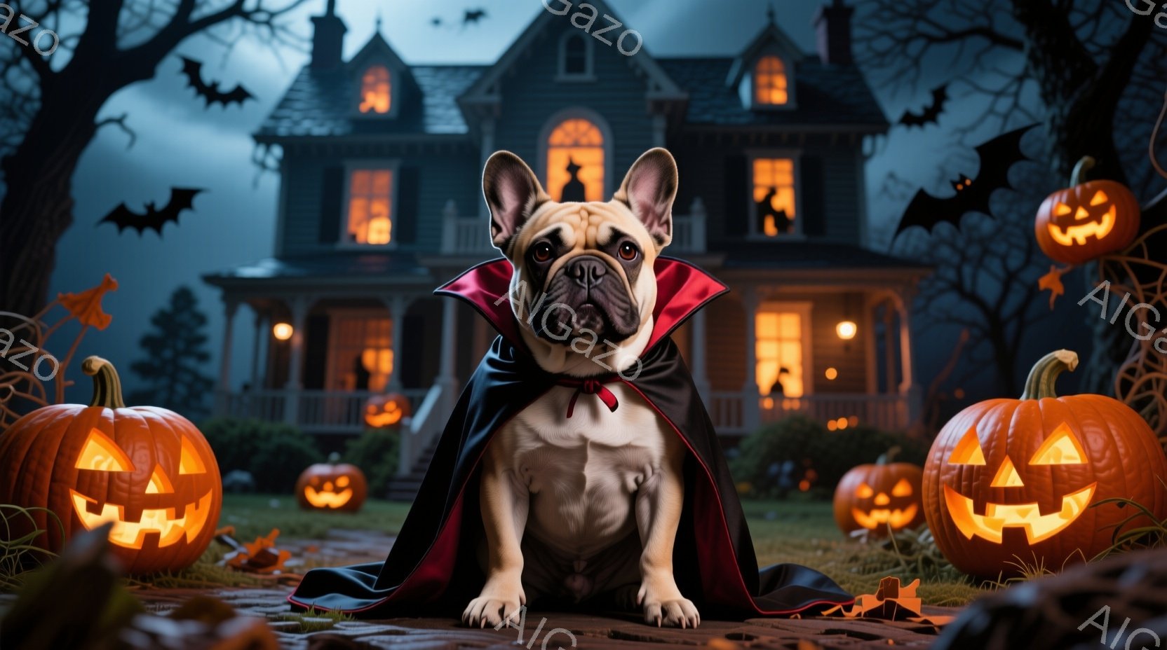 白とクリーム色の毛並みのフレンチブルドッグが、黒い吸血鬼のマントを身につけて座っています。その表情は少し真剣で、まるでハロウィーンの夜を見守っているかのようです。背景には、ライトアップされた不気味な屋 - AI生成フリー素材