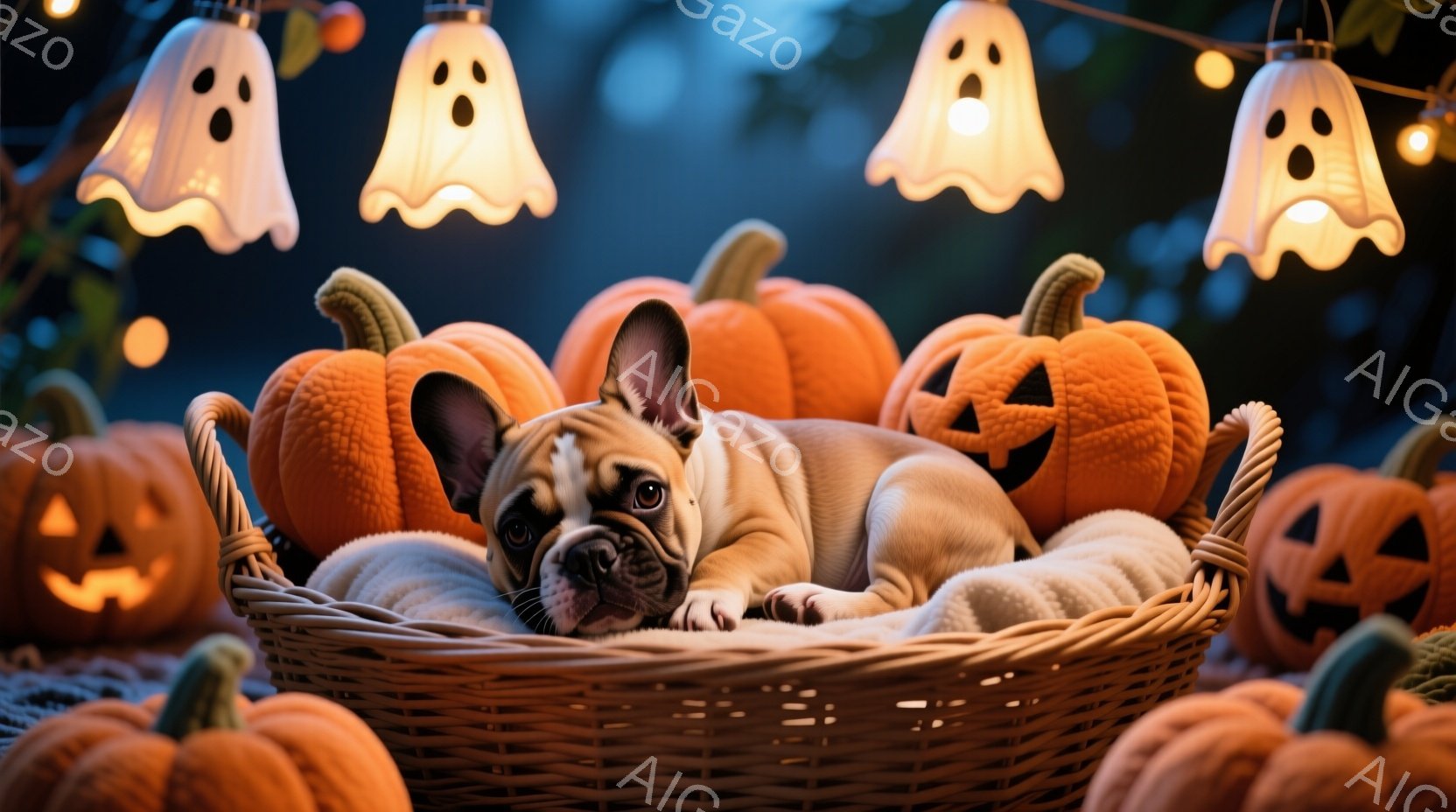 クリーム色の毛並みを持つ子犬が、編まれたバスケットの中にリラックスして横たわっています。背景にはオレンジ色のジャック・オ・ランタンが並び、ハロウィーンをテーマにした幽霊の形のライトが飾られています。全体的に暖かく、遊び心のある、秋のハロウィーンの雰囲気が漂います。