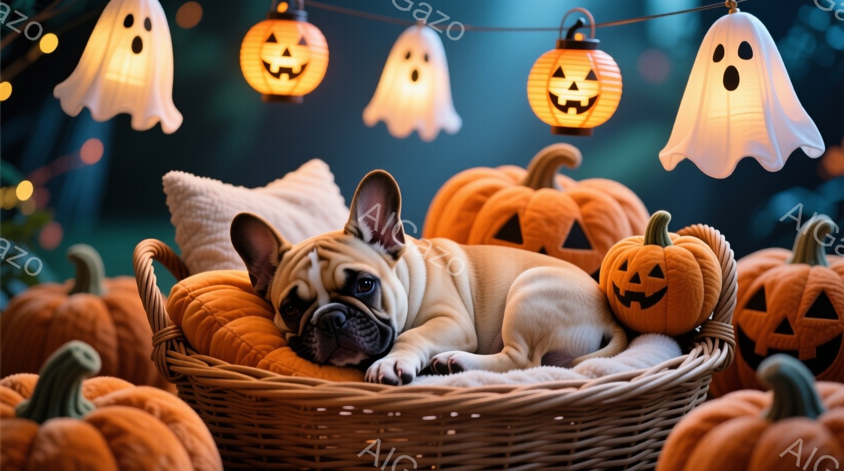 ベージュ色のフレンチブルドッグが、ハロウィーンの飾り付けられたカゴの中に横たわっています。そのカゴは、様々な大きさのジャック・オー・ランタンで囲まれており、上には幽霊とカボチャのランタンが飾られた電飾 - AI生成フリー素材