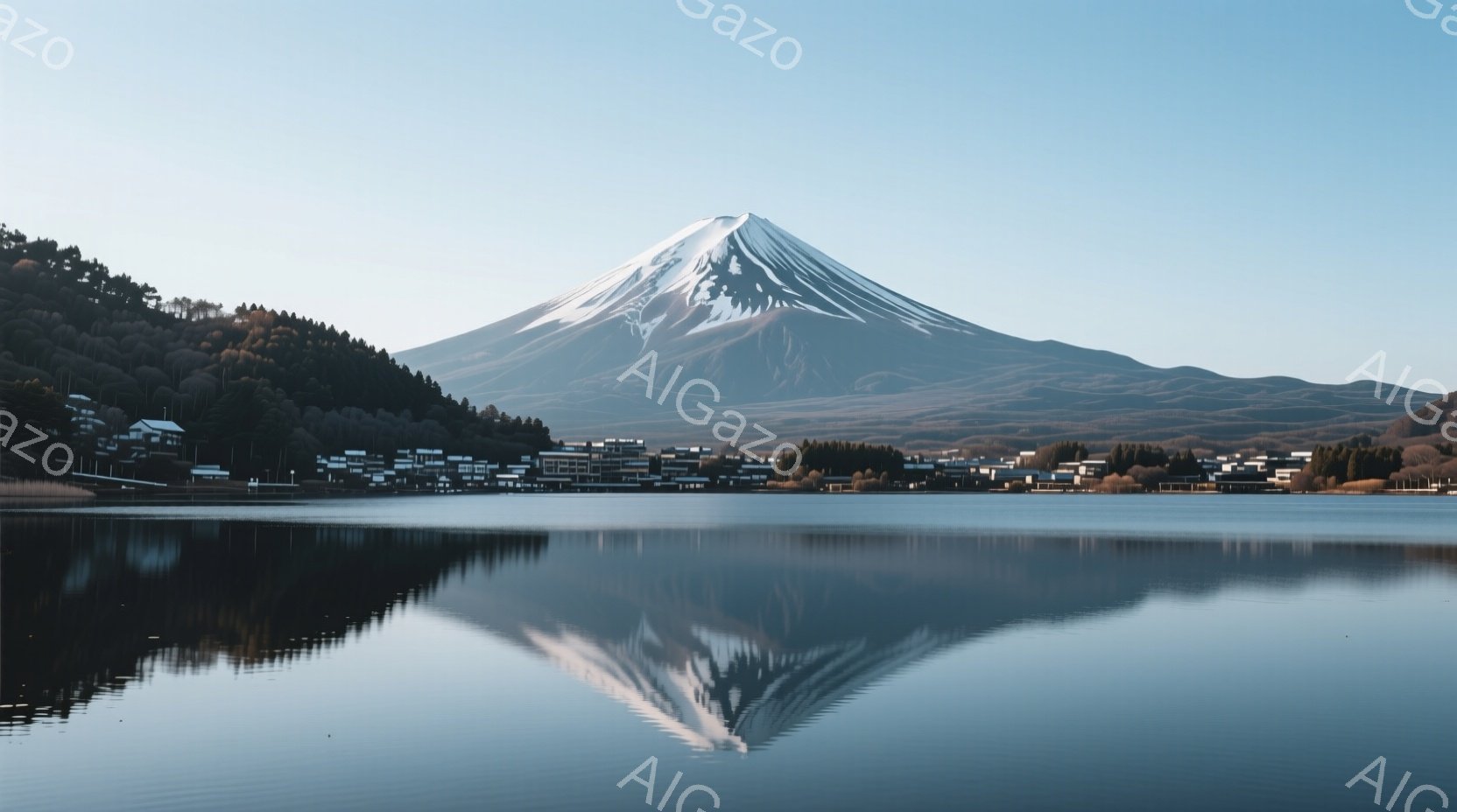 富士山の美しい姿が穏やかな湖面に映り込んでいる風景です。湖畔には小さな家々が並び、背後には緑豊かな丘が広がっています。空は晴れ渡り、全体的に静かで平和な雰囲気が漂っています。 - AI生成フリー素材
