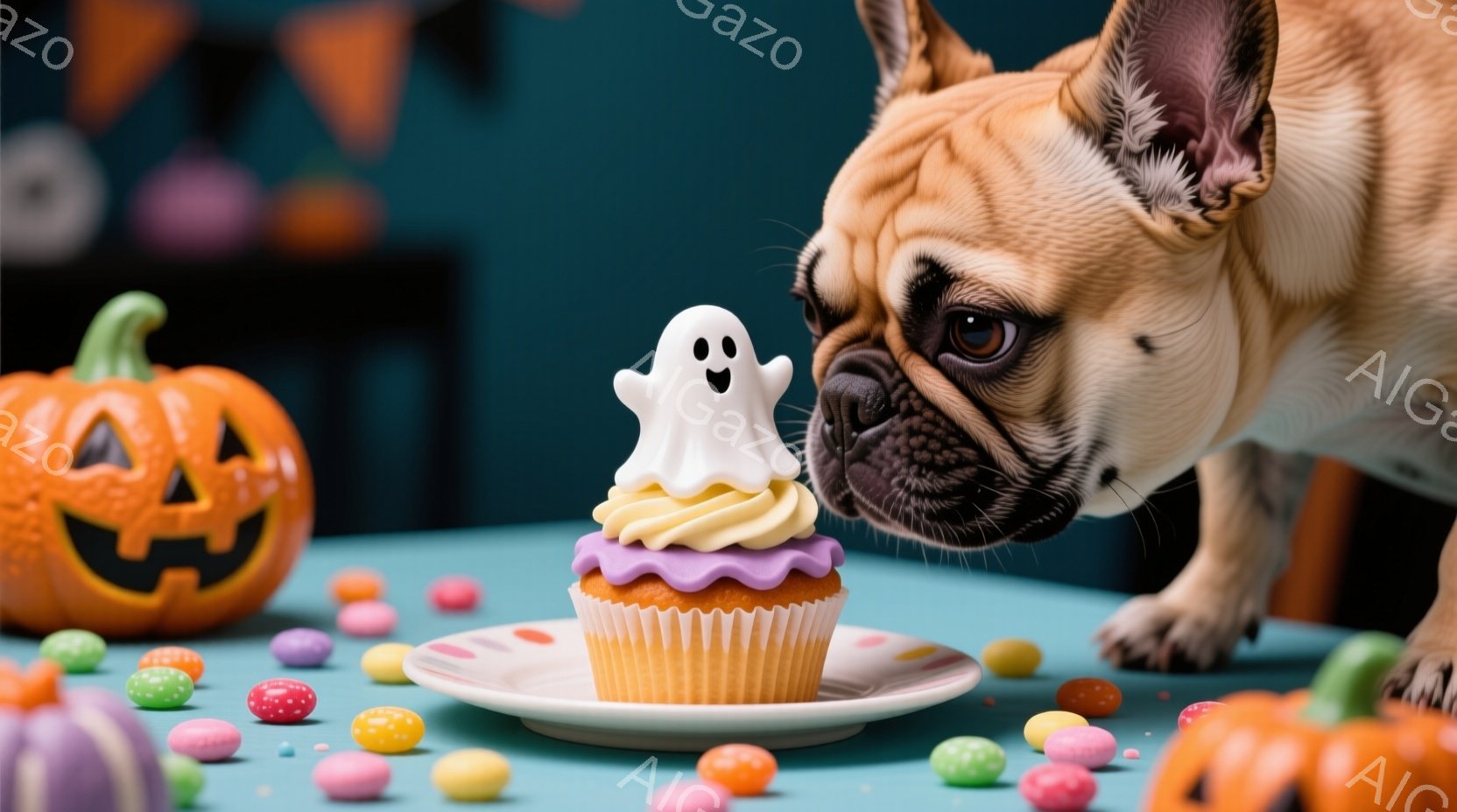 パグが可愛らしいカップケーキに興味津々で顔を近づけています。カップケーキには白いお化けのデコレーションが乗っており、周囲にはカラフルなキャンディが散りばめられています。背景にはハロウィンの飾り付けが施 - AI生成フリー素材