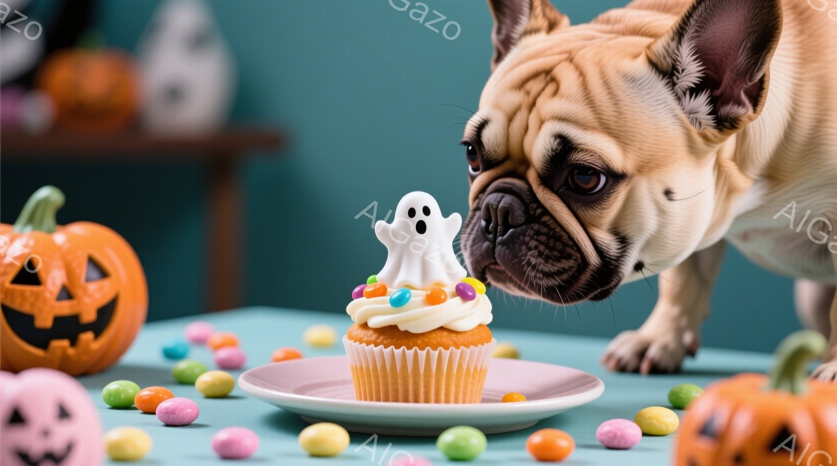 鮮やかな水色の背景に、ハロウィーンをテーマにした可愛らしい光景が広がっています。クリーム色のフロスティングとカラフルなスプリンクル、そしてお化けの飾りを載せたカップケーキが、ピンク色の皿に乗せられ、ブルドッグが興味津々で近づいています。周りには小さなキャンディーが散りばめられ、オレンジ色のハロウィーンのランタンが配置されており、全体的に温かく、遊び心のある雰囲気を醸し出しています。