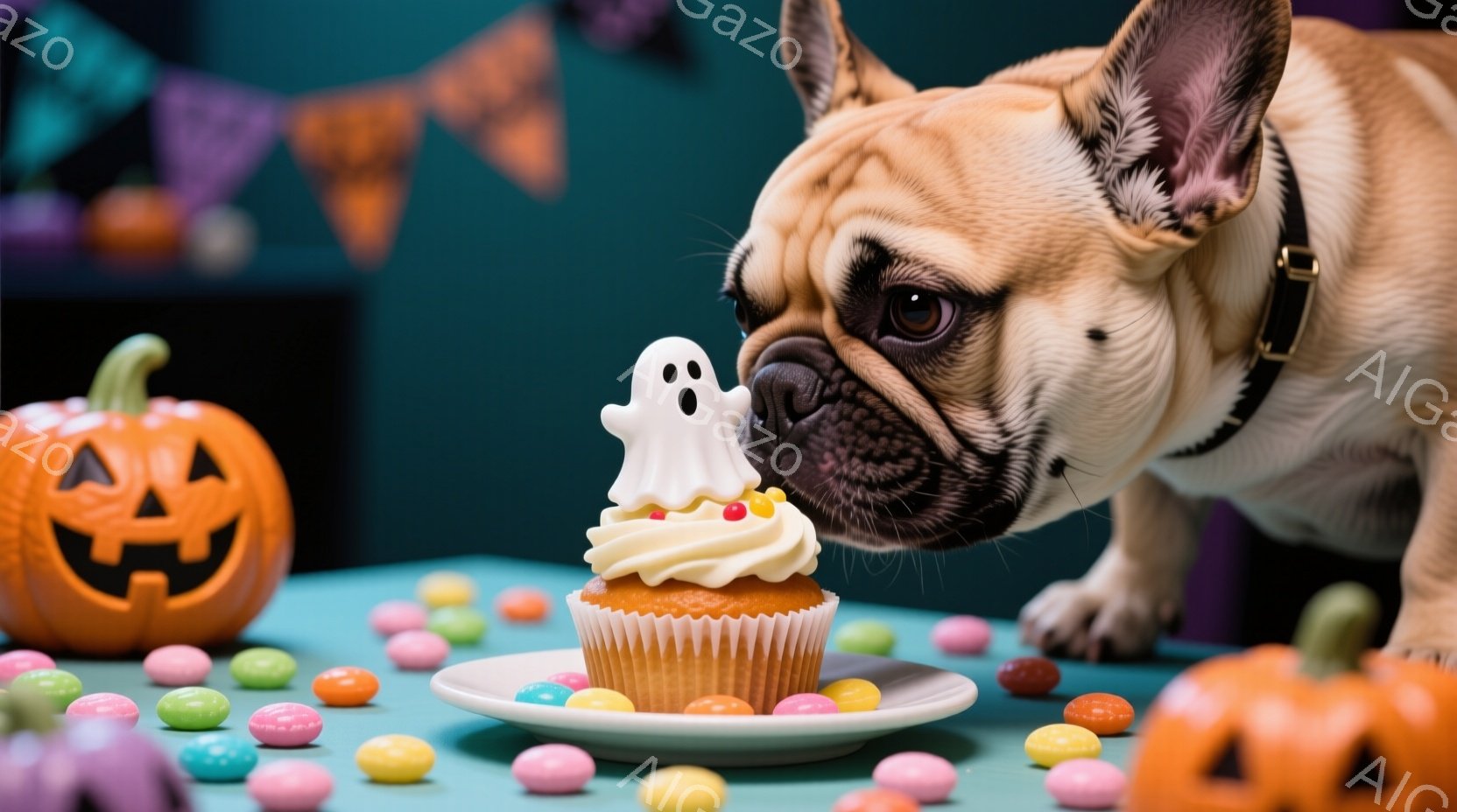 ブルドッグが、クリームと白いお化けの飾りをつけたカップケーキに鼻を近づけています。背景にはオレンジ色のカボチャのランタンとカラフルなキャンディーが散りばめられ、ハロウィーンの装飾が施されています。全体的に、楽しげで可愛らしいハロウィーンの雰囲気を醸し出しています。