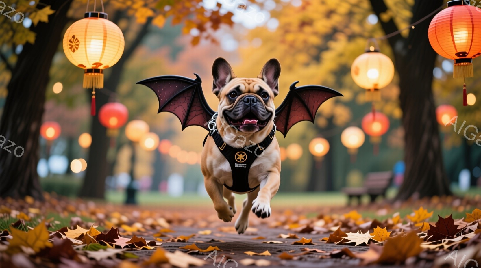 茶色の毛並みのフレンチブルドッグが、ハロウィーンの蝙蝠の羽を付け、公園の小道を駆け抜けている。背景には、オレンジ色の提灯が並び、地面には落ち葉が散らばり、秋の陽気で暖かな雰囲気を醸し出している。犬は前方をまっすぐ見つめ、活気に満ちた表情で楽しそうに走っている。