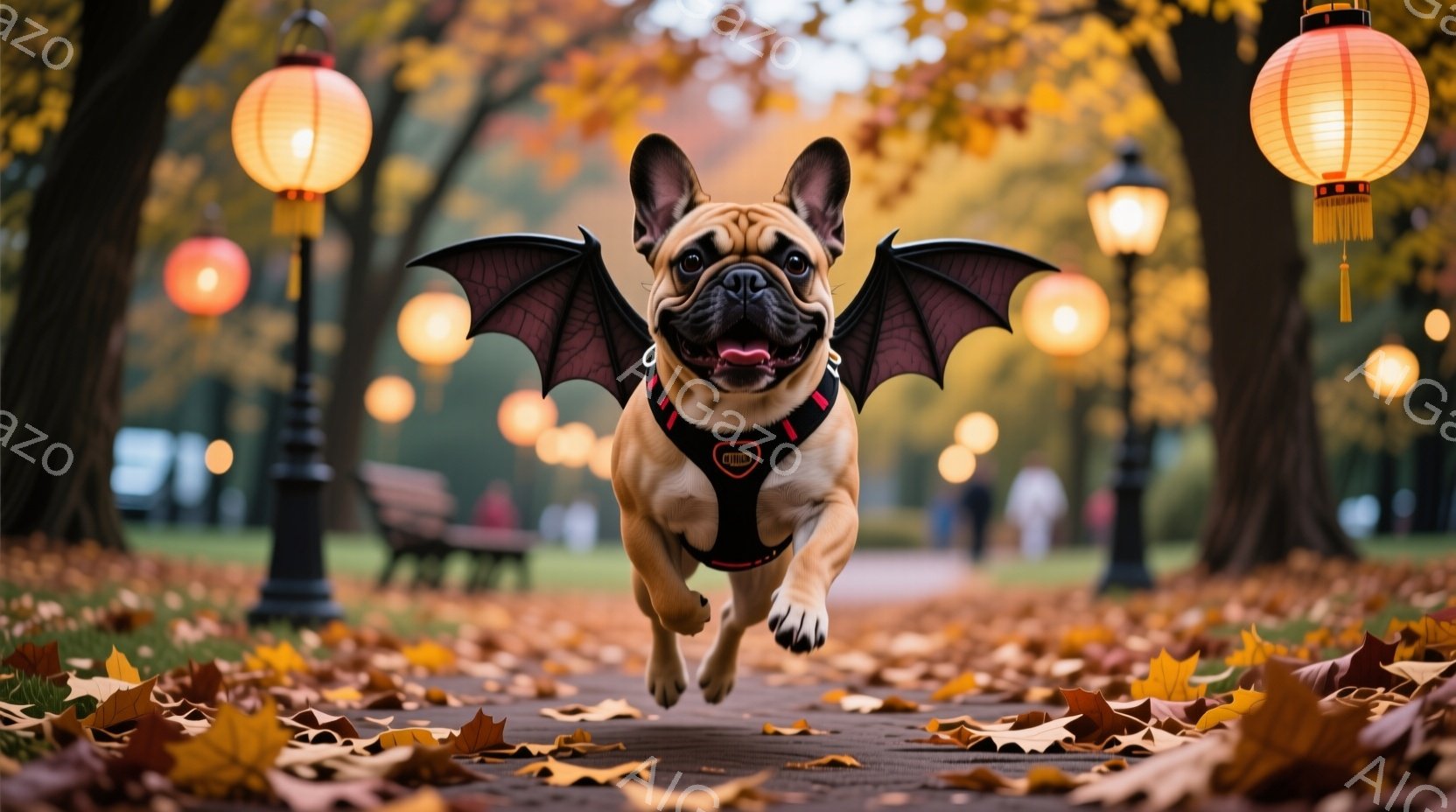 見事な秋の公園を駆け抜けるフレンチブルドッグが写っています。黒い羽根のコスチュームを身につけ、喜びにあふれた表情で、まるで空を飛んでいるかのようです。背景には、色鮮やかな紅葉と温かい光を放つ提灯が並び、秋の暖かく楽しい雰囲気を演出しています。