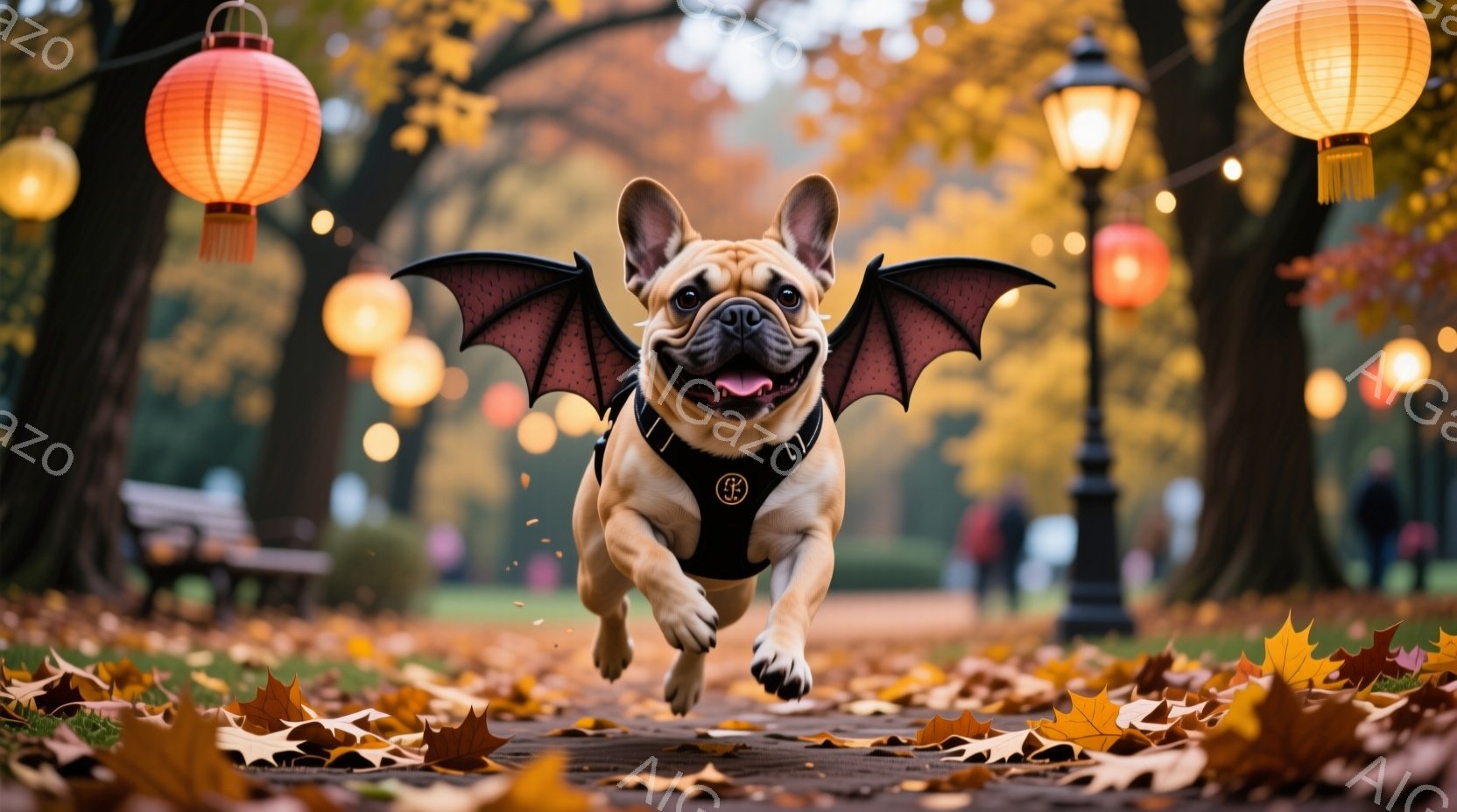 フレブル犬が、まるで空を飛んでいるかのように、落ち葉が敷き詰められた道を駆けている。ハロウィーンの装飾として、黒い蝙蝠の羽をつけており、楽しそうに舌をペロリと出している。背景には、色づいた木々や、点灯された提灯が見え、秋の暖かく遊び心のある雰囲気を醸し出している。