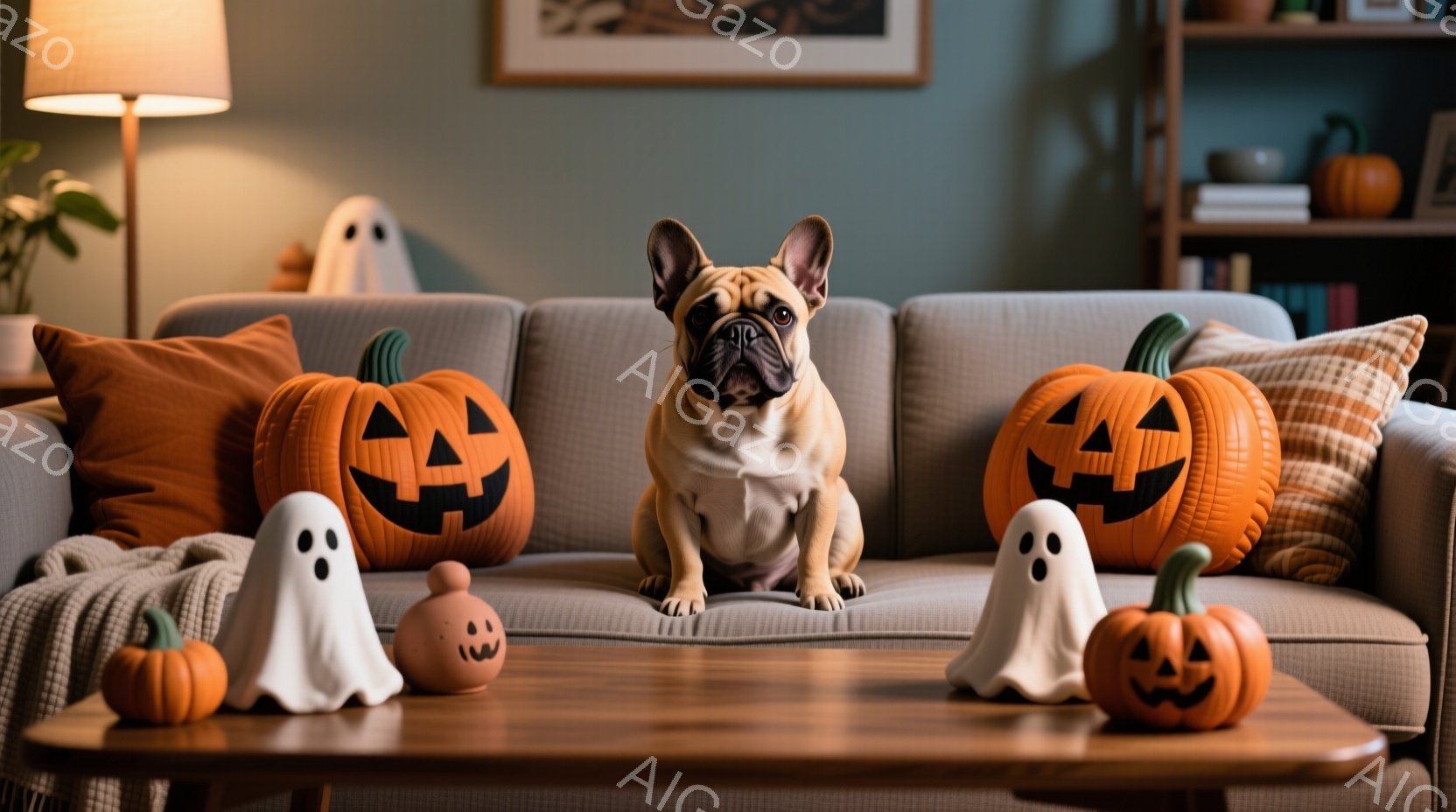 ソファに座っているフレンチブルドッグが写っています。ハロウィーンの装飾、特にジャック・オー・ランタンの形をしたクッションや、幽霊の置物が周囲に置かれています。背景はリビングルームで、落ち着いた色調で、 - AI生成フリー素材