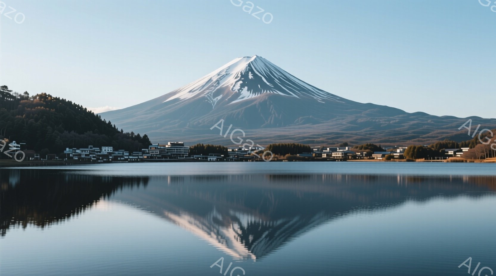 雄大な富士山が、穏やかな湖面に美しく映り込んでいる。湖のほとりには緑豊かな丘と、可愛らしい家々が並び、静寂と調和が感じられる。空は晴れ渡り、全体的に穏やかで平和な雰囲気が漂っている。 - AI生成フリー素材