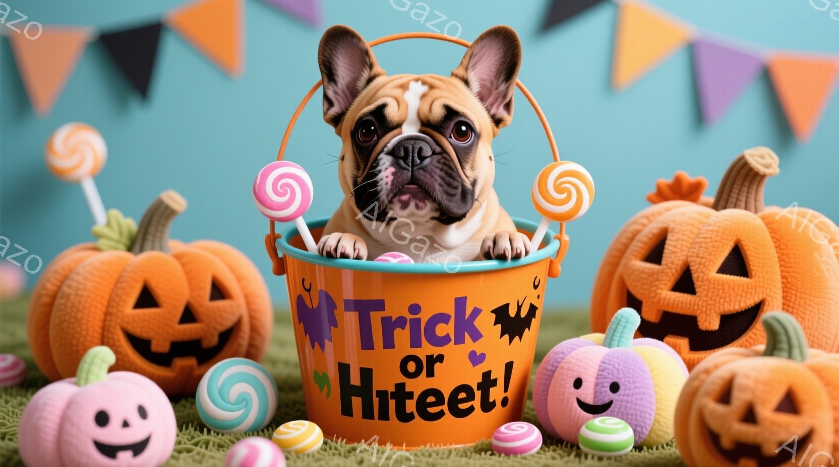 オレンジ色の背景に、ハロウィーンをテーマにした可愛らしいフレンチブルドッグが描かれています。犬は「トリック・オア・トリート」と書かれたオレンジ色のバケツから顔を出し、周囲にはカラフルなキャンディやジャ - AI生成フリー素材