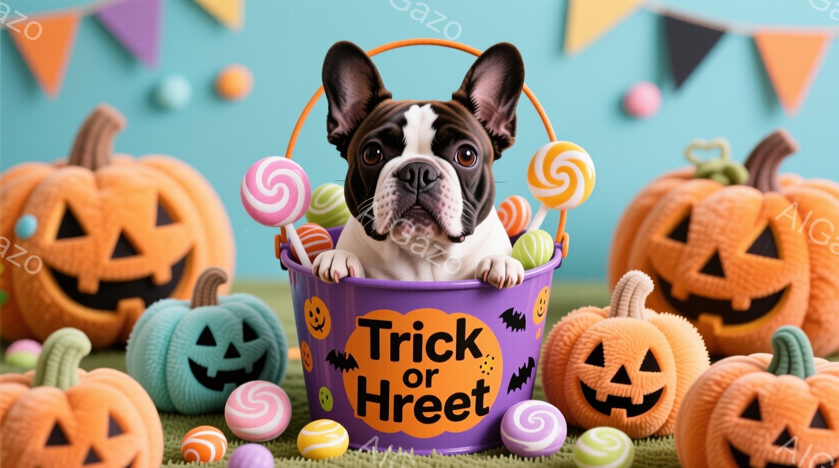 紫色の「トリック・オア・トリート」と書かれたバケツの中に、黒と白の毛並みのフレンチブルドッグが座っています。周りにはオレンジと水色のジャック・オー・ランタンやキャンディーが散らばり、ハロウィーンの雰囲 - AI生成フリー素材
