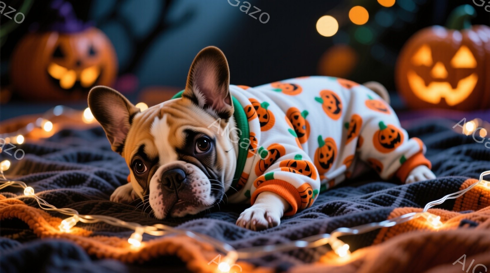 クリーム色の体にオレンジ色のカボチャ柄が描かれた暖かいセーターを着たフレンチブルドッグが、暗い背景の布の上に横たわっています。犬は少し憂いを帯びた表情でカメラを見つめ、リラックスした姿勢で前足を伸ばし - AI生成フリー素材