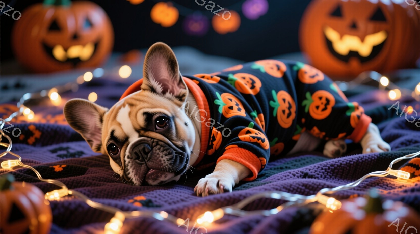 茶色のフレンチブルドッグが、オレンジと黒のハロウィーン柄のセーターを着て、紫色の毛布の上に横たわっています。少し口を開けて、リラックスした表情を浮かべており、その周りにはオレンジ色のカボチャのランタンとキラキラ光る電飾が散りばめられています。全体的にハロウィーンの温かく、お祝いムードに包まれた様子が伝わってきます。