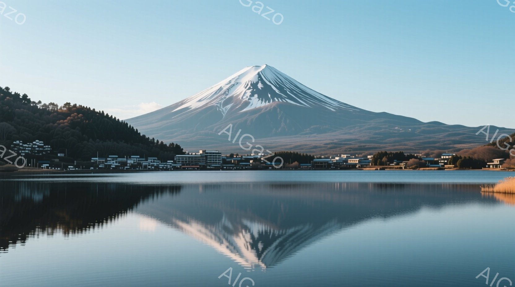 富士山が穏やかな湖面に美しく映り込んでいる風景です。湖のほとりには緑豊かな木々と建物が並び、山と湖、自然と人工物が調和した静謐な雰囲気を醸し出しています。空は晴れ渡り、富士山の雪を照らし、全体的に穏や - AI生成フリー素材