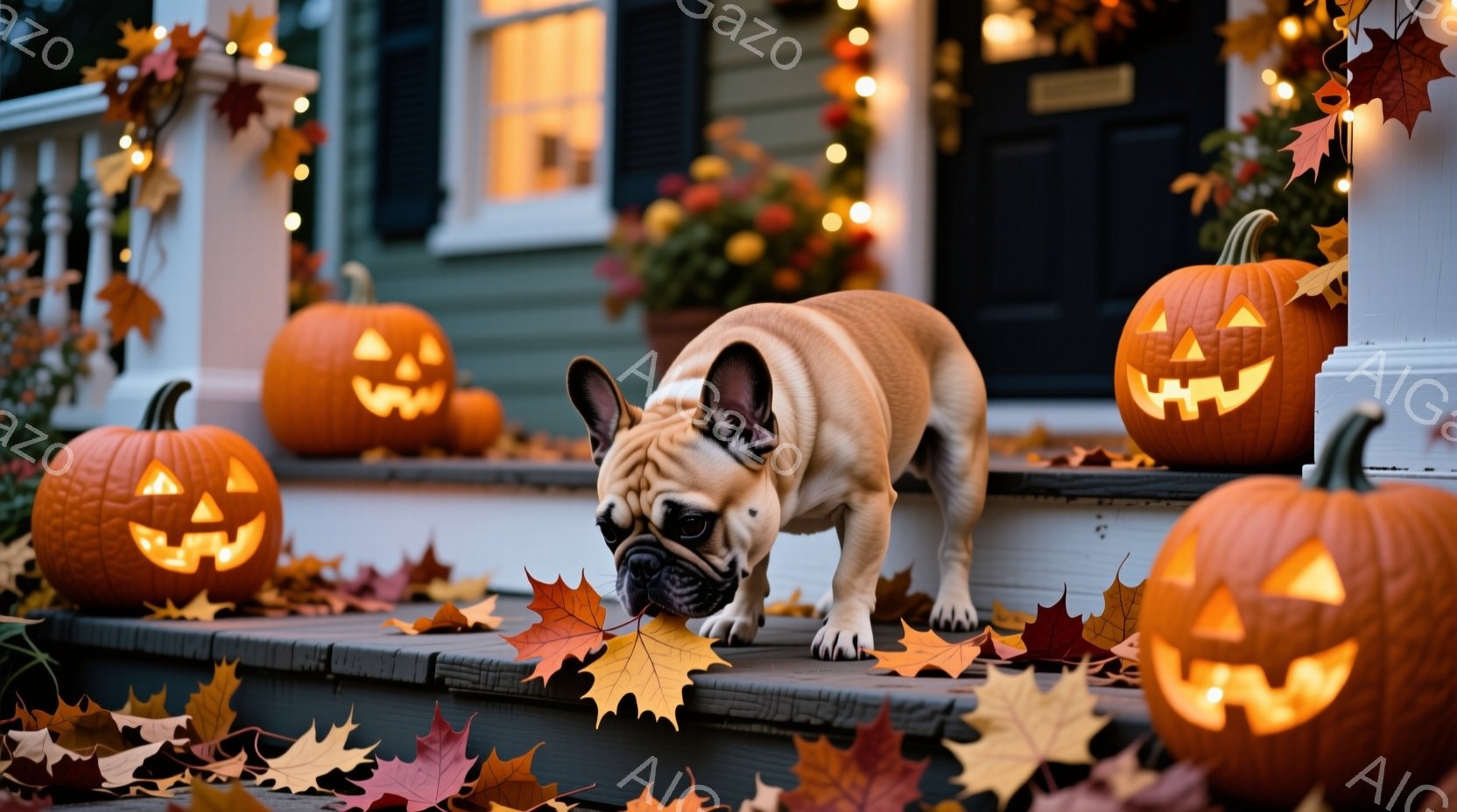 白い手すりと階段に、くり抜かれたハロウィーンカボチャが並べられ、その周りに落ち葉が散らばっています。茶色のフレンチブルドッグが、落ち葉の上に前足を伸ばして何かを嗅いでいます。背景には、暖色系の照明が灯 - AI生成フリー素材