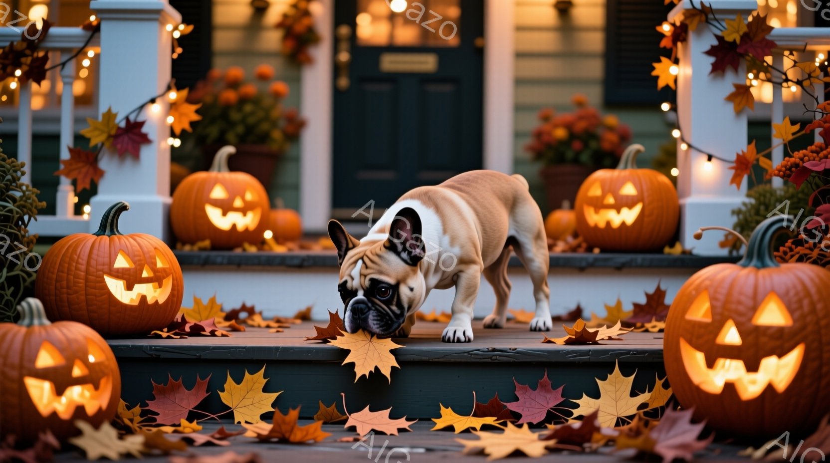 ハロウィンの飾り付けがされた家の階段に、愛らしいフレンチブルドッグがいます。オレンジ色のカボチャのランタンと紅葉の葉が階段を埋め尽くし、犬は地面に落ちた葉を鼻でつつきながら興味津々です。背景には暖かい光を放つ家があり、秋の穏やかで温かい雰囲気を醸し出しています。
