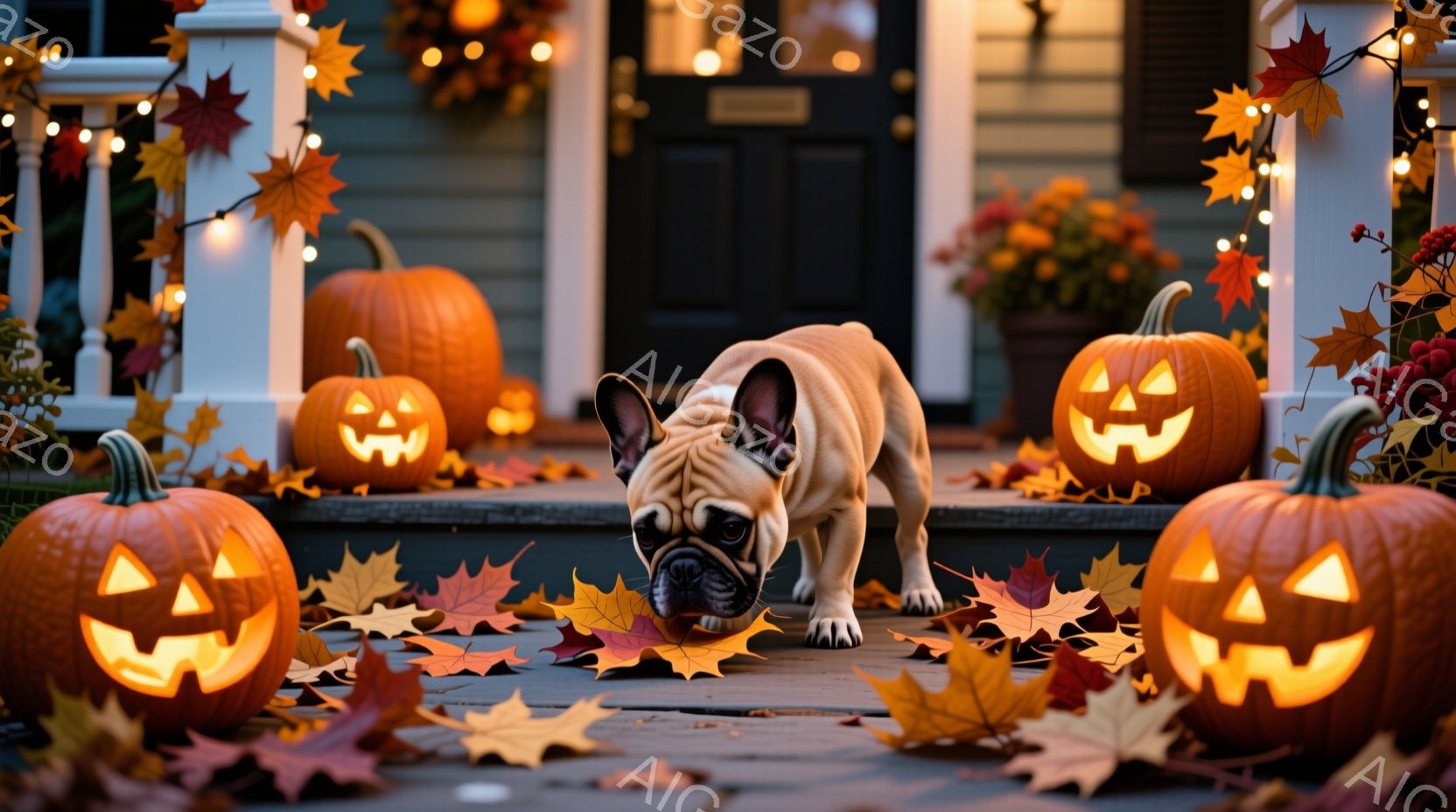 白い背景の玄関ポーチに、ハロウィーンの飾りが並べられています。彫刻が施されたカボチャのランタンが数個置かれ、赤い実の付いた植物や落ち葉が散らばっています。中央には、茶色のフレンチブルドッグが地面の落ち葉に鼻を近づけ、興味津々な表情で何かを嗅いでいます。
