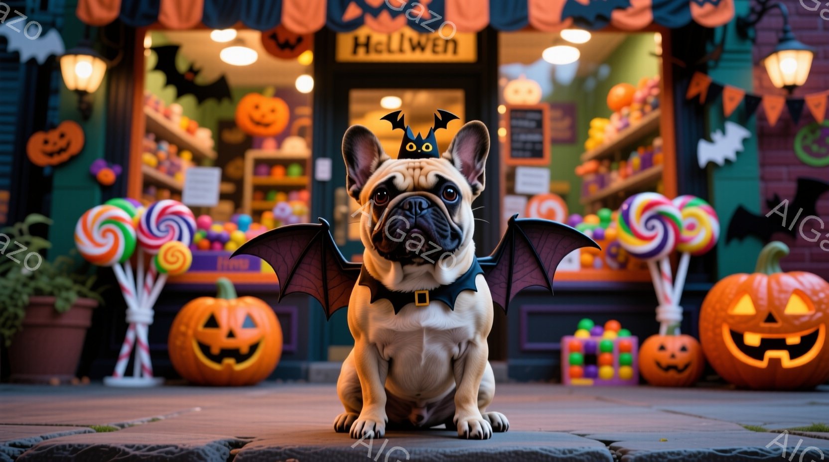 ハロウィーンの飾り付けがされた背景を前に、フレンチブルドッグが座っています。黒いコウモリの羽と首輪をつけており、少し困ったような表情をしています。背景には、カラフルなキャンディーやカボチャが飾られたお店があり、お祝いムードが漂っています。