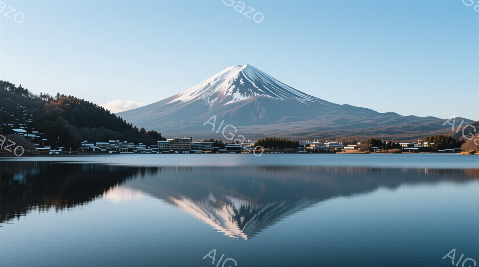 富士山の壮大な姿が、穏やかな湖面に鮮明に映り込んでいる。湖畔には緑豊かな木々と、可愛らしい建物が並び、手前に黒い影が伸びている。空は澄み渡り、雪を抱いた富士山の威厳と、湖の静けさが調和した、平和な雰囲 - AI生成フリー素材