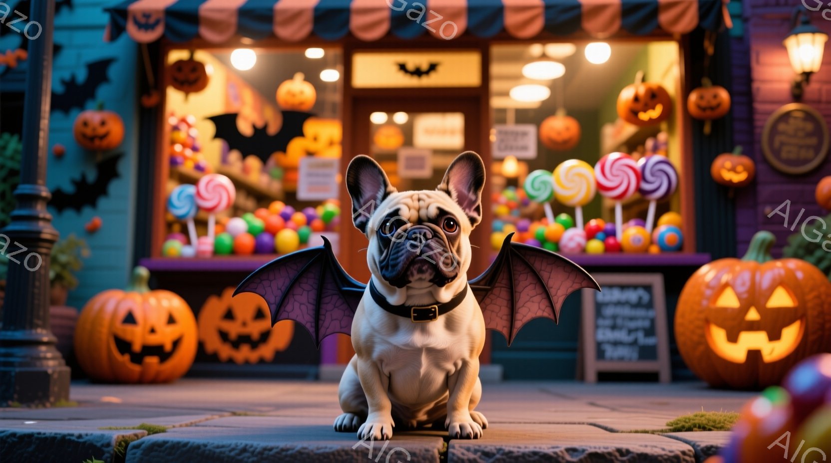 白いフレンチブルドッグが、ハロウィーンの飾り付けがされたお店の前に座っています。黒いコウモリの羽を身につけ、少し誇らしげな表情で正面を見ています。背景には、かぼちゃやお菓子で飾られたお店があり、ハロウィーンらしい賑やかな雰囲気が漂っています。