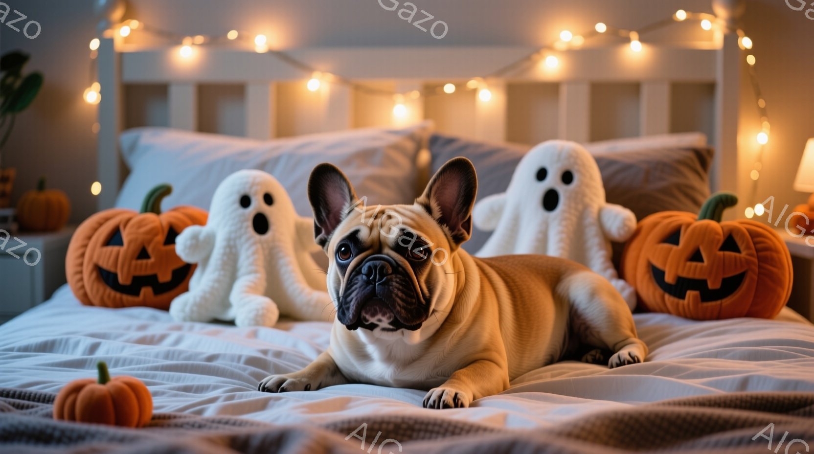 本当はおありませんが、このようなシーンを想像すると以下のように記述できます： - 寝心地が良く、温かみが楽しめる環境。 - ペットのブルドッグがカウンター上に座り、大切な存在として構成されています。