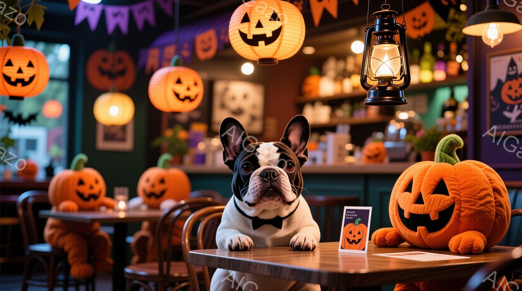 白と黒のフレンチブルドッグが、ハロウィンの装飾が施されたバーのテーブルに座っています。 黒い蝶ネクタイをつけ、テーブルの前に白い小さなカードが置かれています。背景には、オレンジ色のジャック・オー・ラン - AI生成フリー素材