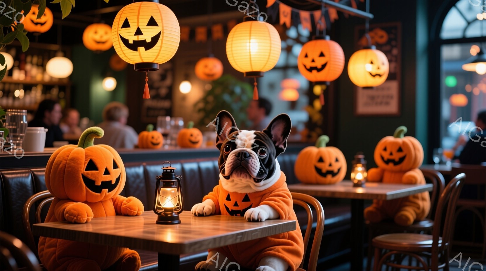 ハロウィーンの装飾が施されたレストランで、パンプキン柄の衣装を着たフレンチブルドッグがテーブルに座っている。テーブルの上には、パンプキン型のおもちゃと小さなランタンが置かれ、犬は前足を組み、リラックス - AI生成フリー素材