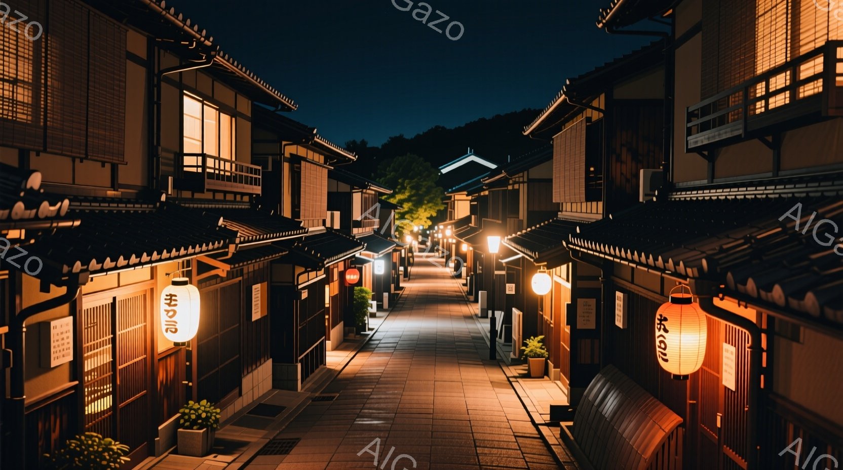石畳の道が両側に古い木造家屋が並び、情緒的な風景が広がっています。暖色の提灯が灯り、道に柔らかい光を投げかけ、夜の静けさと懐かしさを感じさせます。背景には緑豊かな木々が見え、歴史的な街並みと自然の調和 - AI生成フリー素材