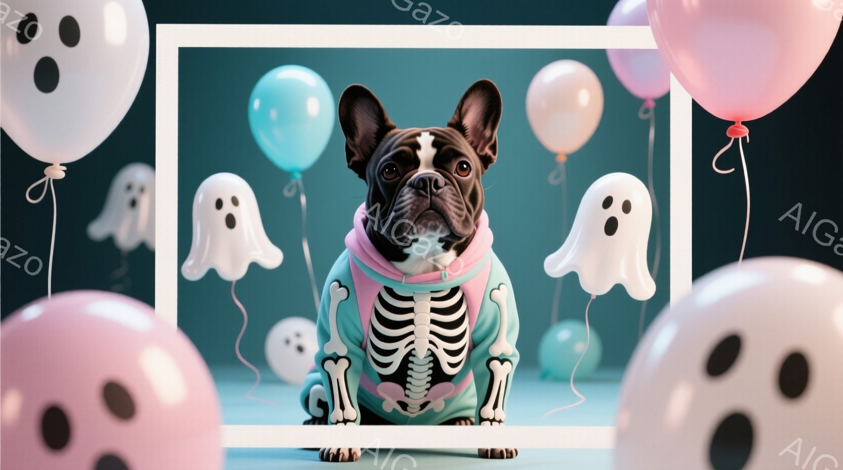 ブルドッグがハロウィーンをテーマにした服装を身につけています。緑色のスウェットシャツには白い骸骨模様が描かれており、首元にはピンク色のスカーフが巻かれています。背景には、さまざまなサイズの白い幽霊の風船が浮かび、遊び心のあるお祝いの雰囲気を醸し出しています。