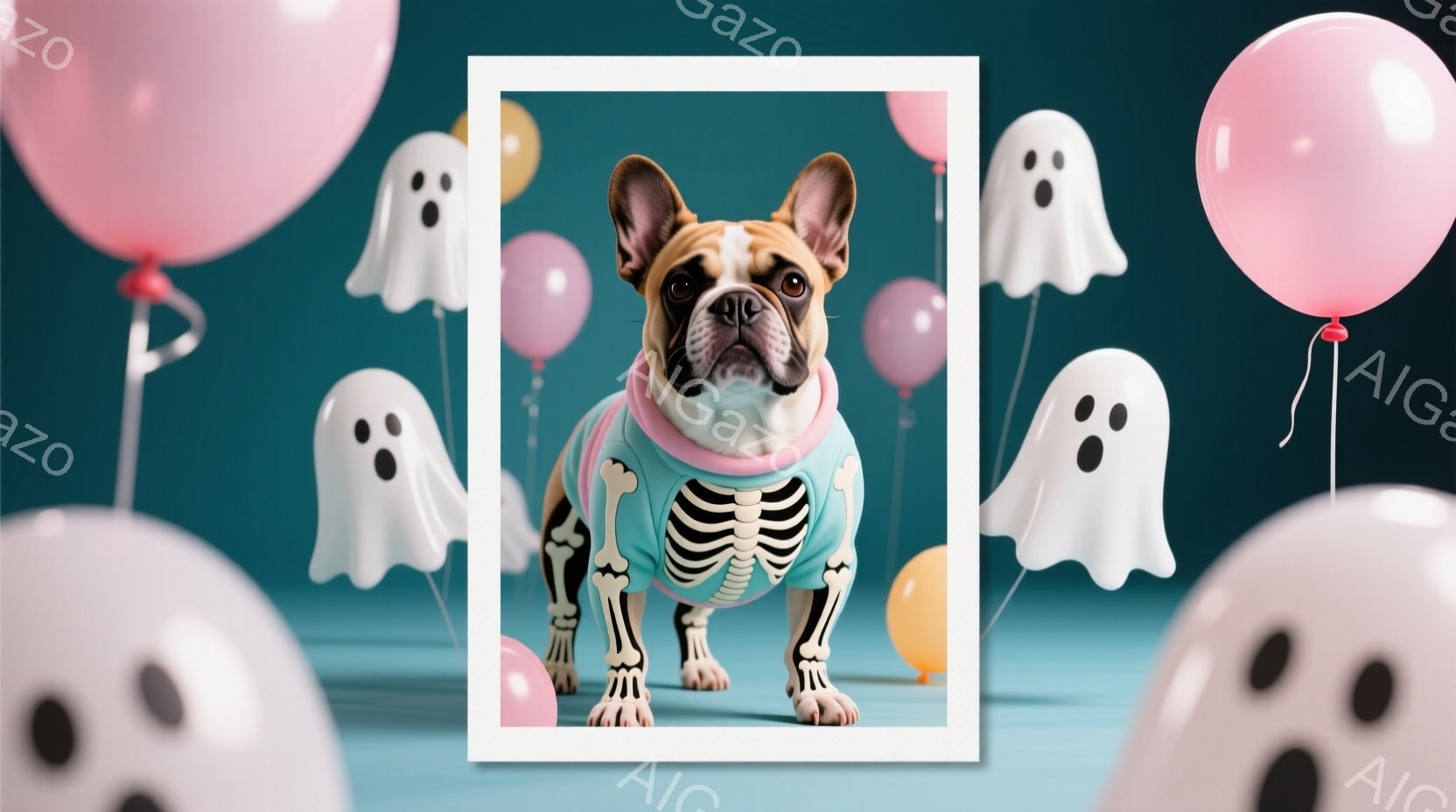 白い背景に、骨柄のセーターを着たフレンチブルドッグが正面を向いています。犬は少し困ったような表情で、まっすぐ立っています。背景には、パステルカラーの風船と、お化けの形をした装飾が浮かんでいます。