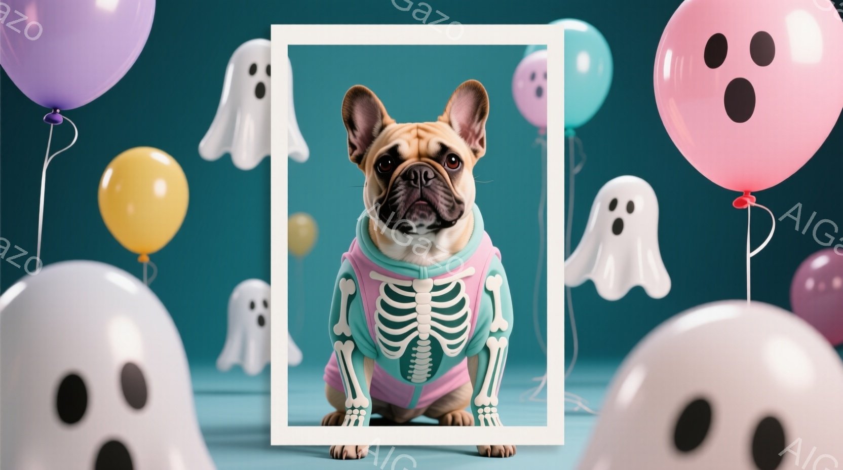 ハロウィーンの装飾に囲まれたフレンチブルドッグが写っています。ピンク色のセーターに骨格のデザインが施されており、可愛らしい表情で正面を見つめています。背景には、白い幽霊の形をした風船や、ピンク、水色、 - AI生成フリー素材