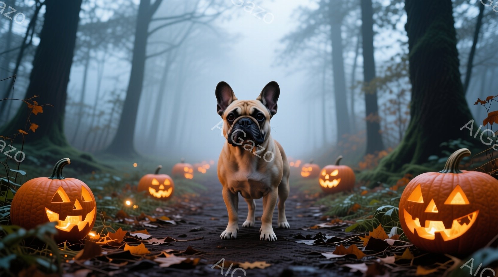 クリーム色の毛並みのフレンチブルドッグが、落ち葉が敷き詰められた森の小道の中央で正面を向いて立っている。道の両脇には、不気味な笑顔で彫られたジャック・オー・ランタンが並び、背景には霧に包まれた木々が立ち並び、ハロウィーンの不気味な雰囲気を醸し出している。全体的に、幻想的で少し不気味な、ハロウィーンの夜を思わせる雰囲気である。