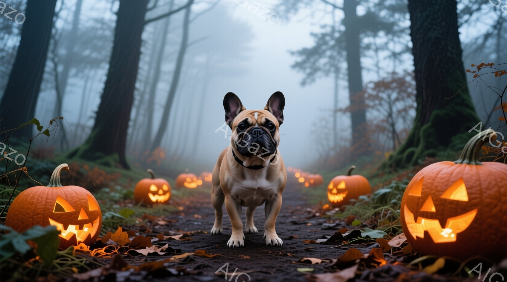 クリーム色のフレンチブルドッグが、ハロウィーンのジャック・オ・ランタンが並ぶ森の小道の中央で正面を向いています。周囲には散らばった紅葉が敷き詰められ、背景は霧に包まれた木々で、全体的に神秘的で少し不気味な雰囲気です。犬は落ち着いており、少し警戒しているような表情で、ハロウィーンの装飾と相まって幻想的なシーンを作り出しています。