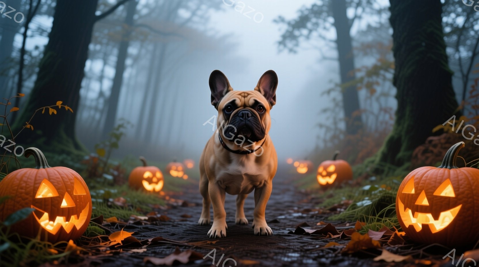 ベージュ色のフレンチブルドッグが、切り株や落ち葉が敷き詰められた森の小道の中央に立っている。道脇にはジャック・オー・ランタンが並び、背景は霧に包まれ、不気味でありながら温かいハロウィーンの雰囲気を醸し - AI生成フリー素材