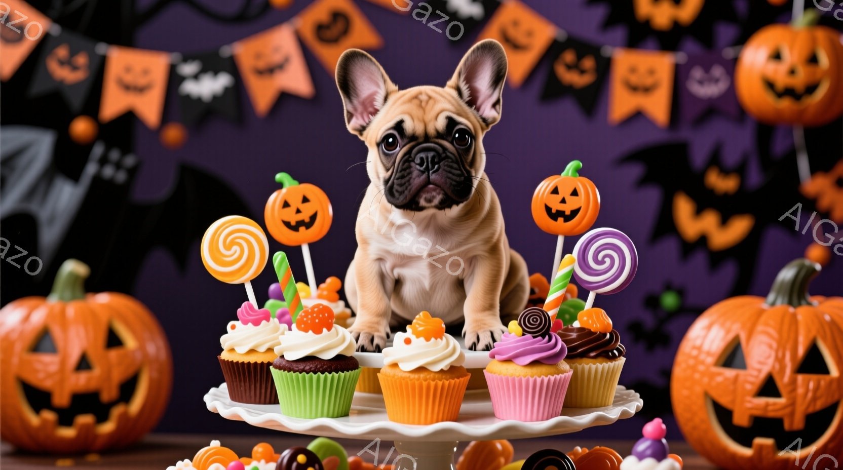 鮮やかな背景に、可愛らしいフレンチブルドッグがカップケーキの盛り合わせの前で座っています。背景にはハロウィーンを象徴するジャック・オー・ランタンと飾り付けが散りばめられており、お菓子のようなカラフルな雰囲気が漂っています。犬は少し正面を向き、丸い瞳で穏やかな表情を浮かべており、ハロウィーンのお祝いを楽しんでいるようです。