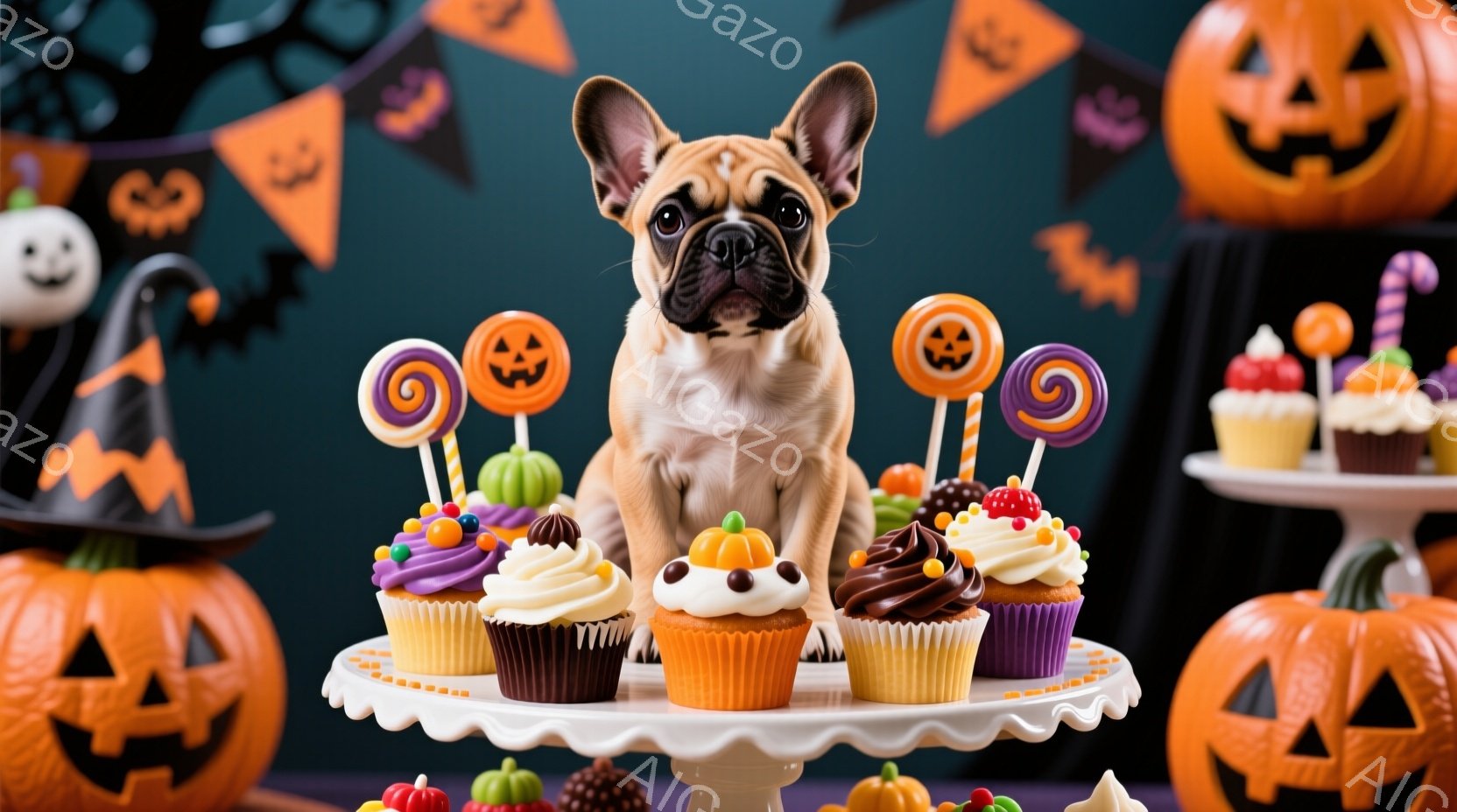 ハロウィーンをテーマにしたカップケーキとキャンディーに囲まれた、ベージュ色のフレンチブルドッグが写っています。犬は正面をまっすぐ見ており、少し微笑んでいるように見え、とても愛らしい表情をしています。背景には、ハロウィーンの飾り付け、カボチャのランタン、お菓子が散りばめられ、全体的に明るく楽しい雰囲気が漂っています。