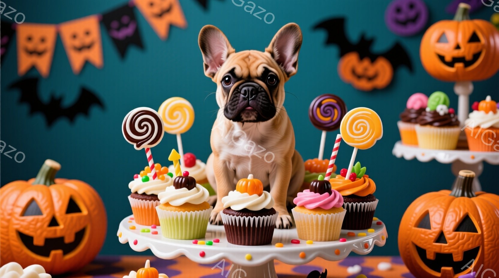 小さなフレンチブルドッグが、ハロウィーンをテーマにしたカップケーキの盛り合わせの前に座っています。背景には、かぼちゃのランタンやコウモリの飾り、オレンジと黒のテーブルクロスがあり、お祭り気分を盛り上げています。カップケーキはカラフルで、それぞれにキャンディが飾られており、ドッグは興味津々とした表情でそれらを見つめています。