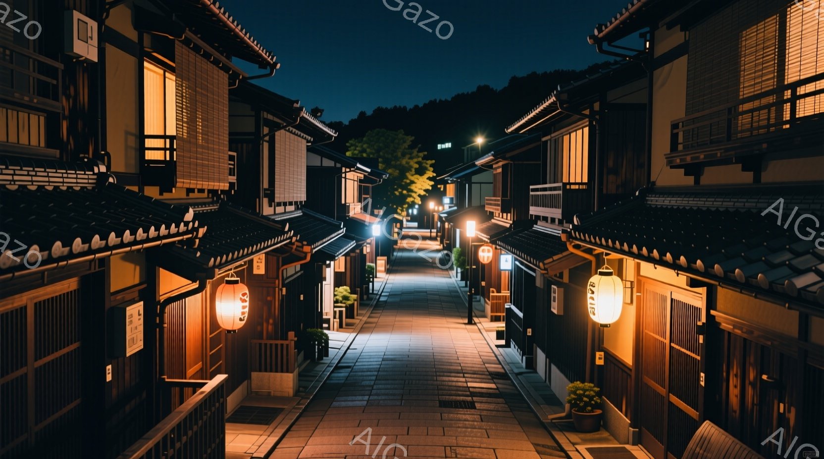 石畳の路地が続く古い町並みで、両脇には木造の建物が立ち並び、暖色の照明と提灯が路地を照らしている。建物の影が長く伸び、夜の静けさと歴史を感じさせる。遠くにはぼんやりとした光が見え、奥行きと奥行きのある - AI生成フリー素材