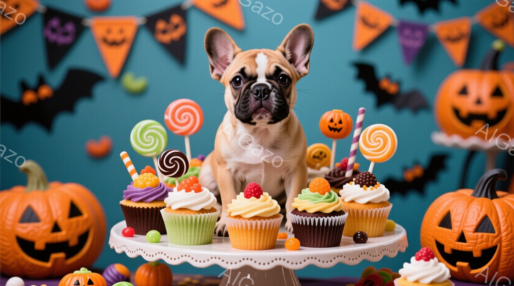 ハロウィーンをテーマにした背景の前で、かわいらしいフレンチブルドッグがカップケーキの盛り合わせの前に座っています。犬は明るい表情で、まるでデザートを楽しみにしているかのようです。背景には、オレンジ色のカボチャ、紫色の旗、黒いコウモリが散りばめられ、お祝いの雰囲気を作り出しています。