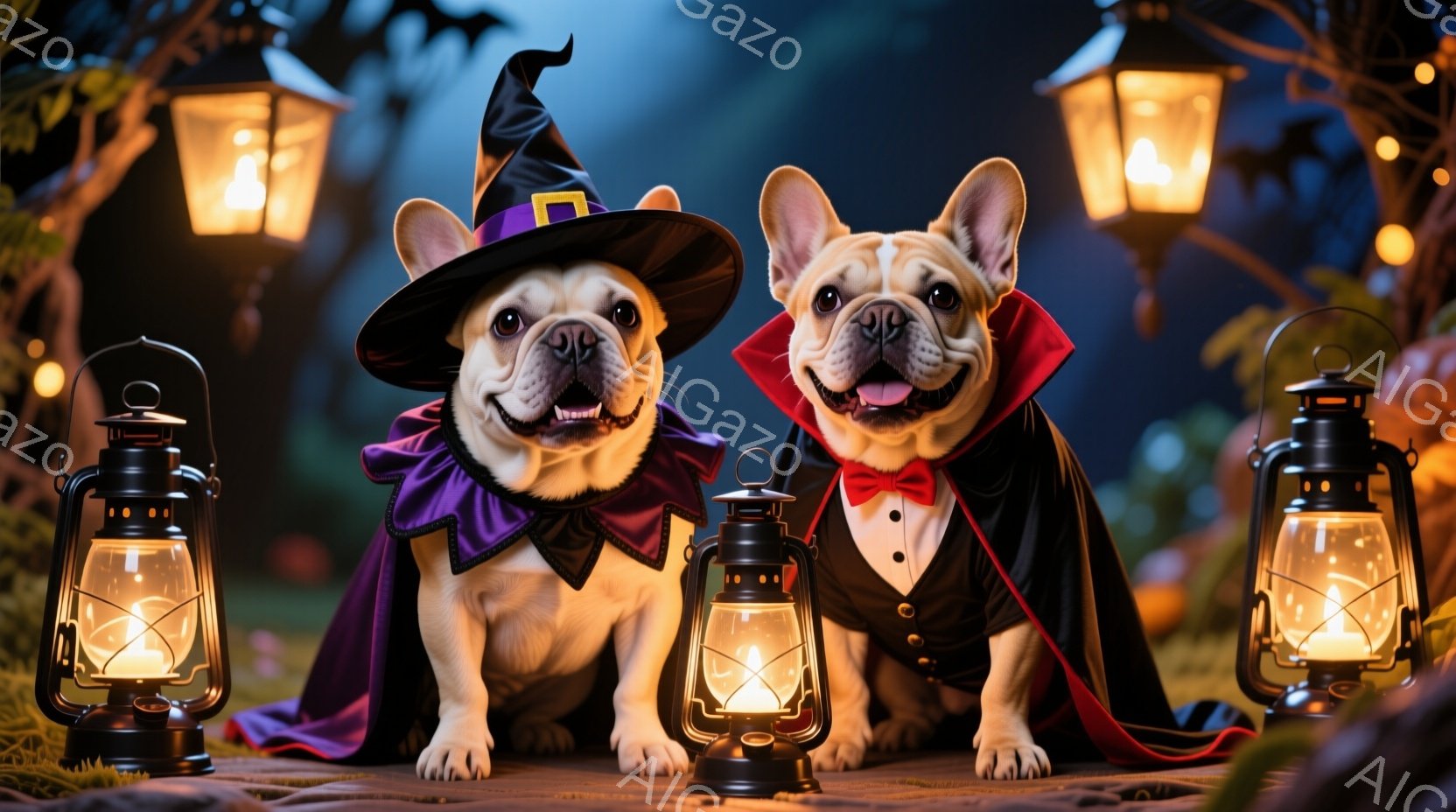 ハロウィーンをテーマにした画像で、2匹のフレンチブルドッグが描かれています。左の犬は魔女の帽子と紫色のマントを身につけ、右の犬は吸血鬼風のベストと蝶ネクタイをつけ、それぞれ少し口を開けています。背景には、ぼんやりとした木々と、灯りがついたランタンが並び、少し不気味で楽しい雰囲気を醸し出しています。