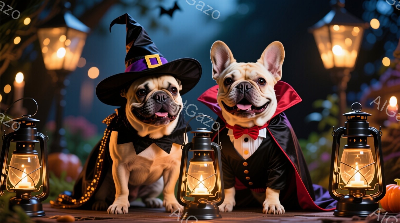 二匹のフレンチブルドッグがハロウィーンの衣装を着ています。左の犬は魔女の帽子と黒いマントを着ており、右の犬は吸血鬼の衣装を着て赤いボウタイを締めています。背景には、カボチャ、ランタン、そして暗い森が見え、ハロウィーンの夜の不気味で楽しい雰囲気を醸し出しています。