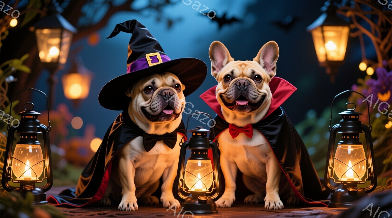二匹のフレンチブルドッグがハロウィーンの衣装を着て座っています。一匹は黒い魔女帽子を被り、もう一匹は赤いリボンをつけています。背景には、点灯したランタンと、ぼんやりと見える木々やコウモリが描かれ、ハロウィーンの夜の雰囲気を醸し出しています。